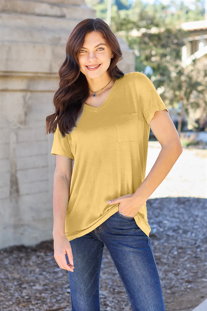 Ava V-Neck Regular Long Bamboo T-Shirt - Yellow - Size S-3XL | Rezortly