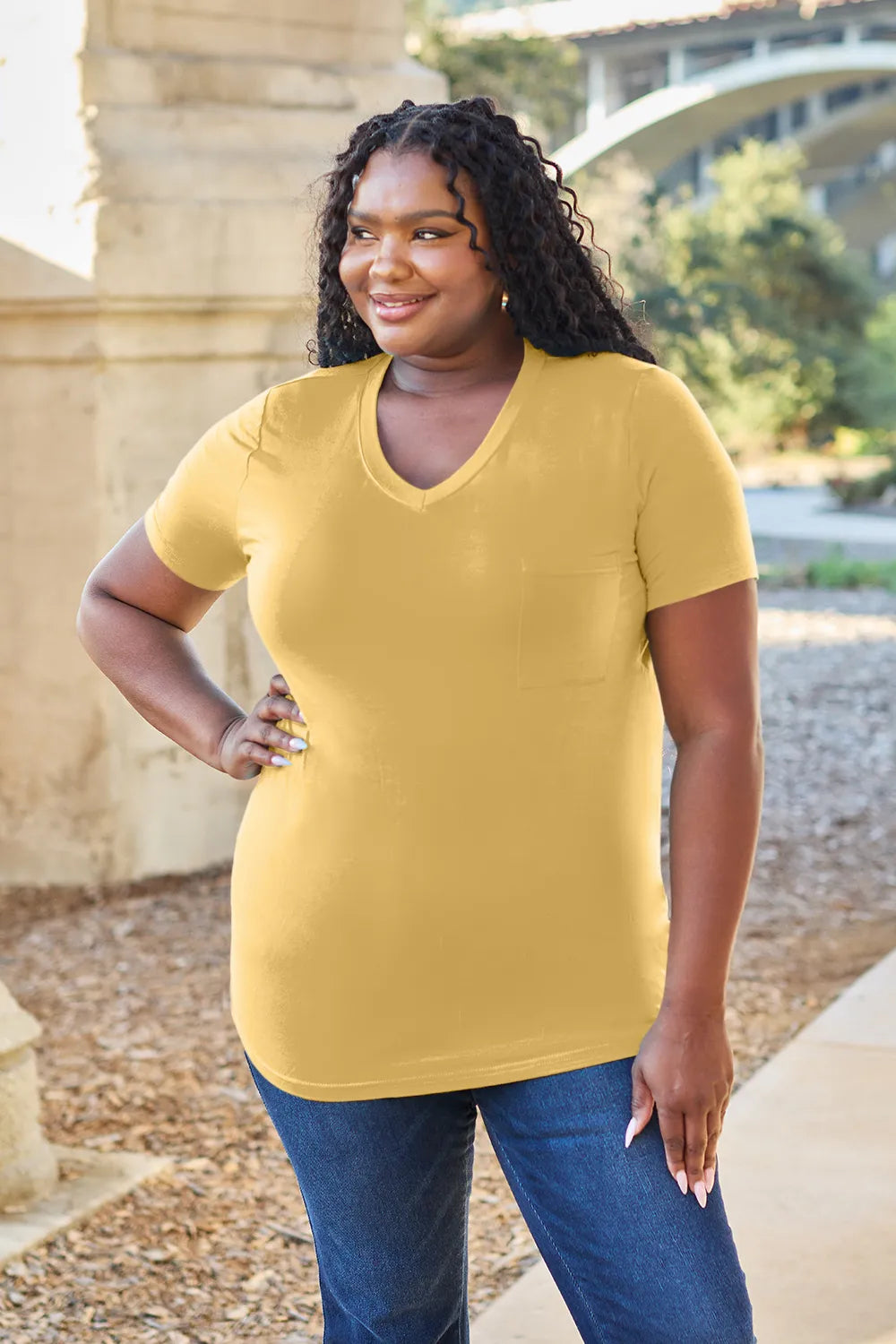 Ava V-Neck Regular Long Bamboo T-Shirt - Yellow - Size S-3XL | Rezortly