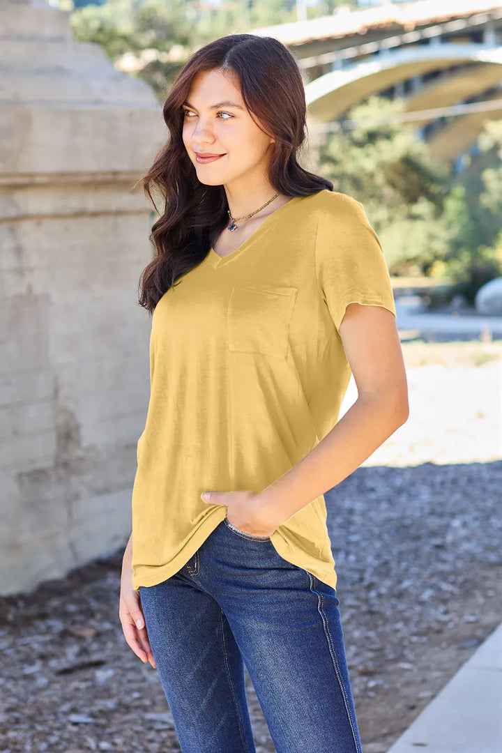 Ava V-Neck Regular Long Bamboo T-Shirt - Yellow - Size S-3XL | Rezortly