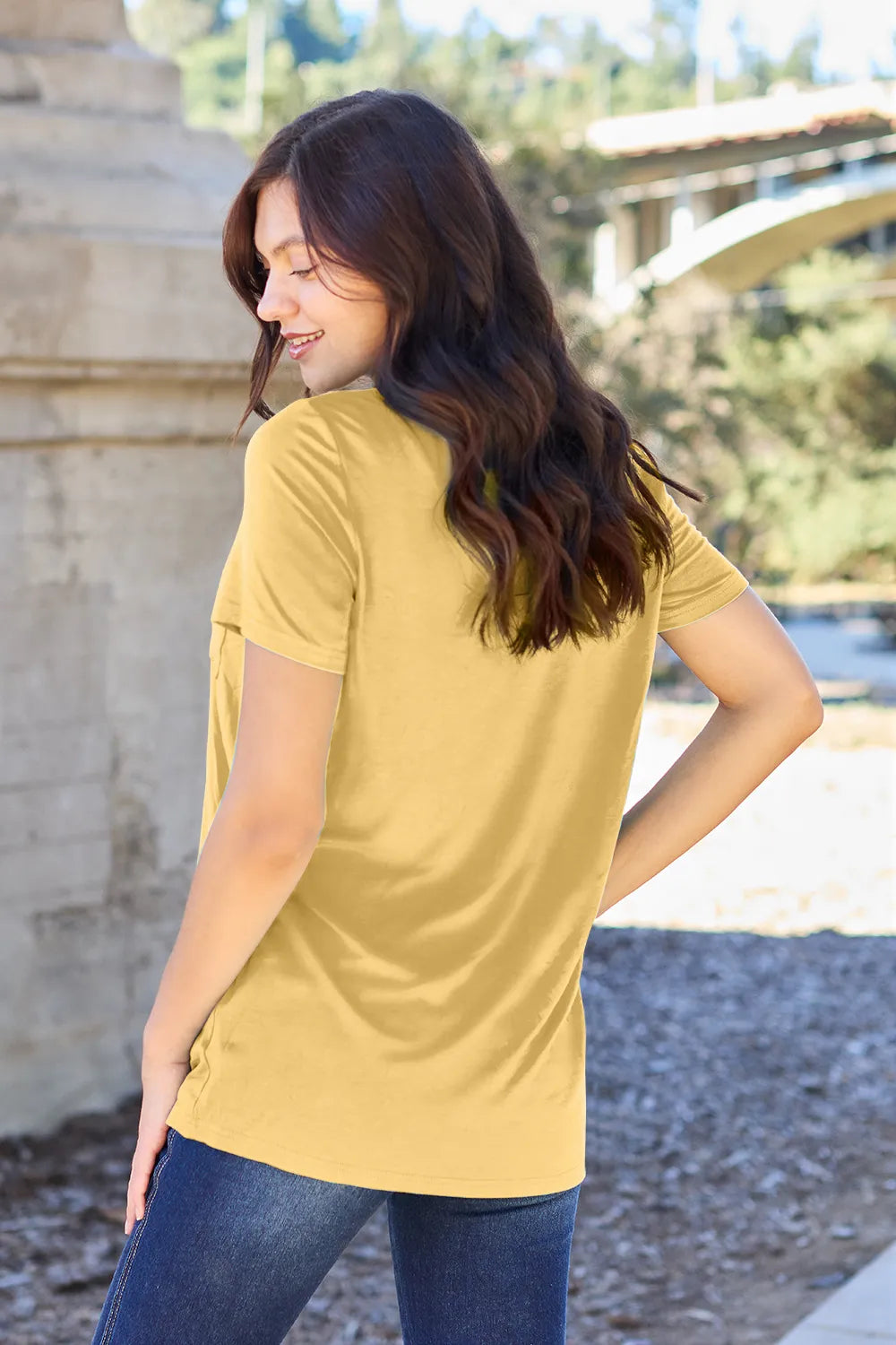 Ava V-Neck Regular Long Bamboo T-Shirt - Yellow - Size S-3XL | Rezortly