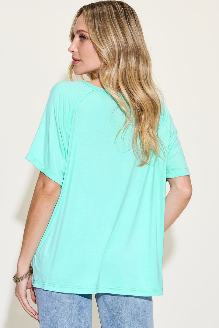 Ava V-Neck Slit Bamboo T-Shirt - Aquamarine - Size S-3XL | Rezortly