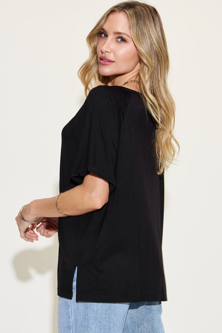 Ava V-Neck Slit Bamboo T-Shirt - Black - Size S-3XL | Rezortly