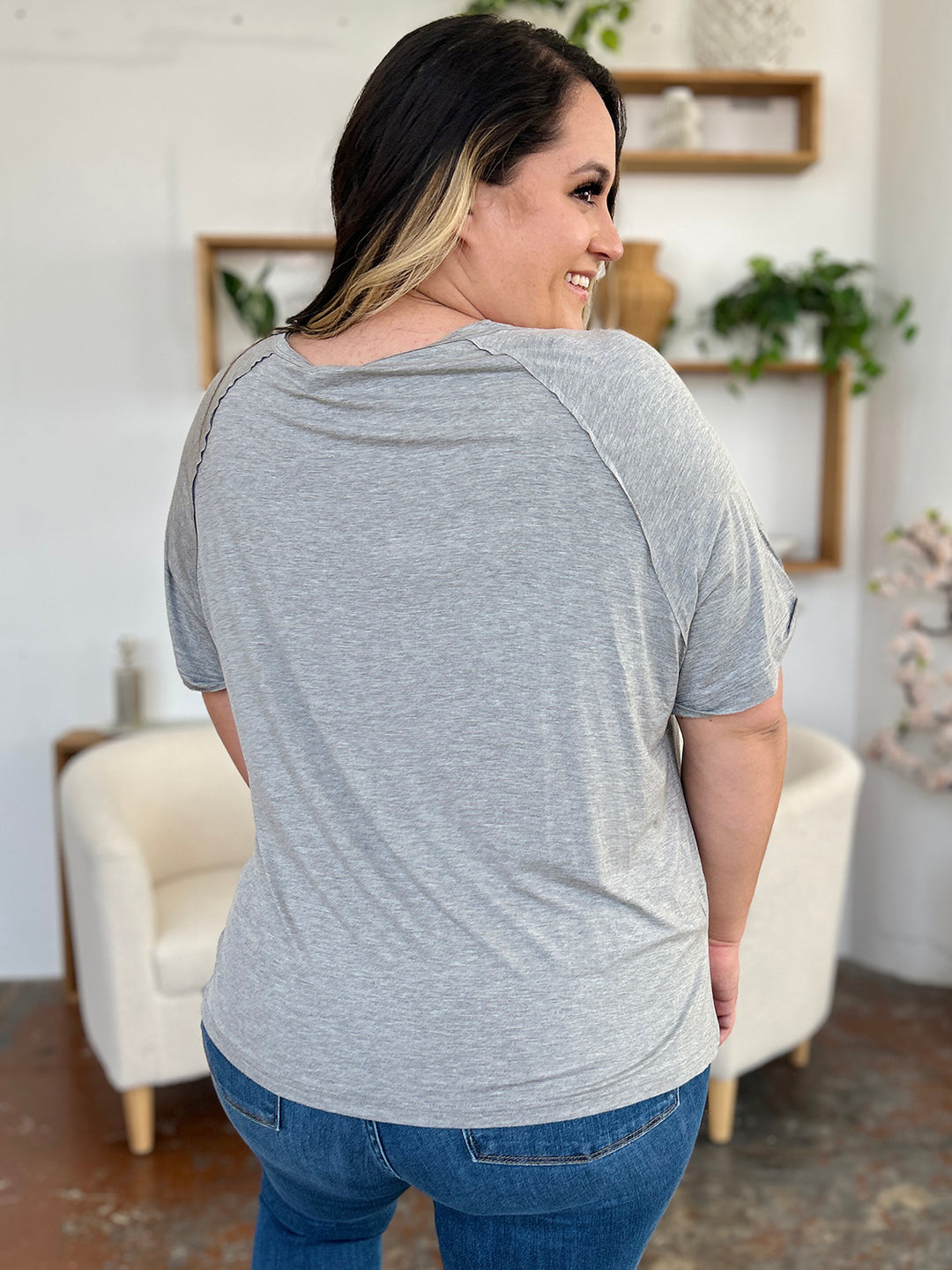 Ava V-Neck Slit Bamboo T-Shirt - Grey - Size S-3XL | Rezortly