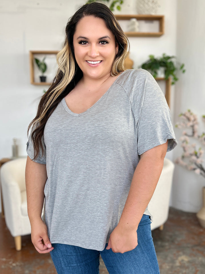 Ava V-Neck Slit Bamboo T-Shirt - Grey - Size S-3XL | Rezortly