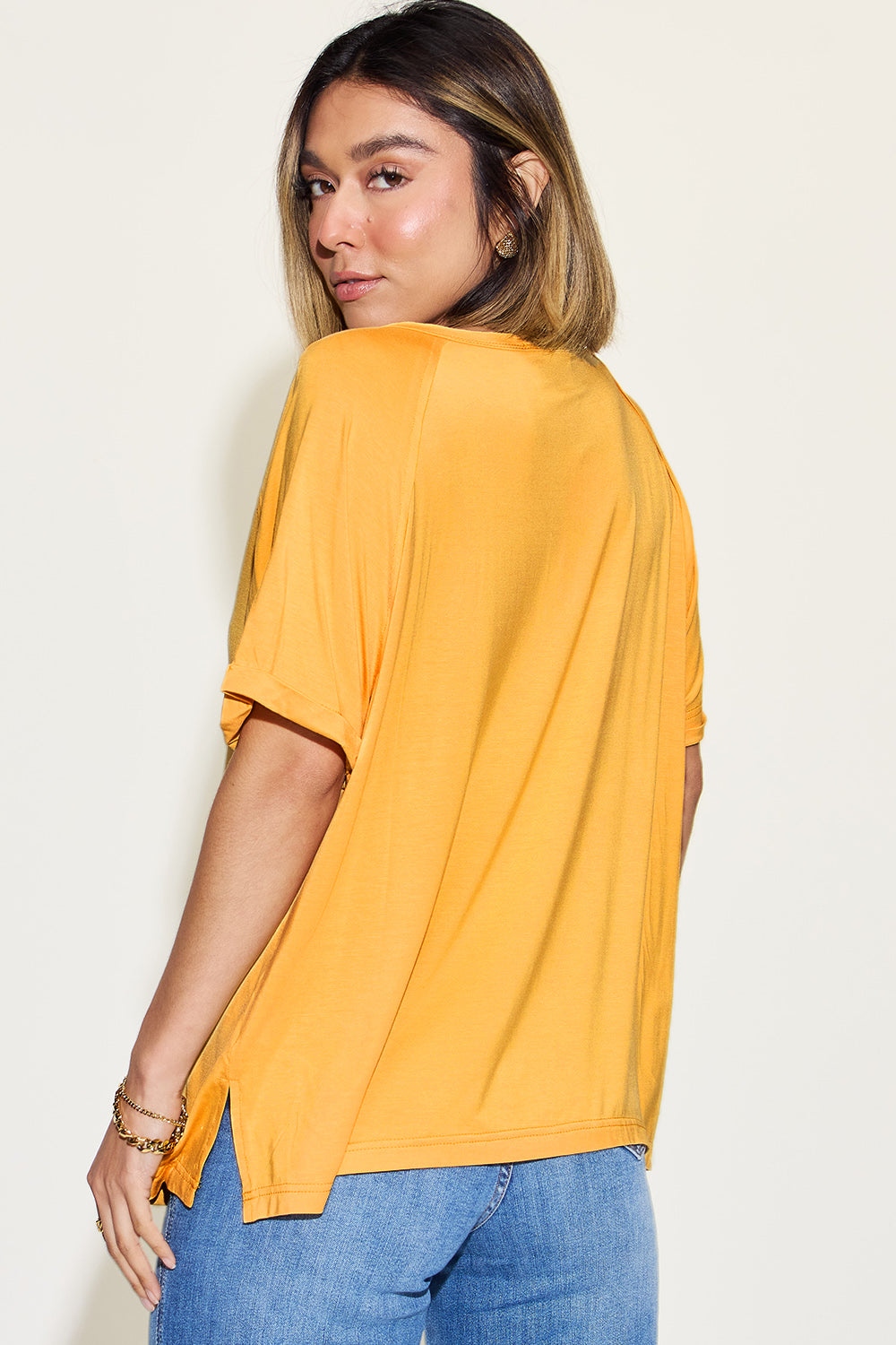 Ava V-Neck Slit Bamboo T-Shirt - Yellow - Size S-3XL | Rezortly