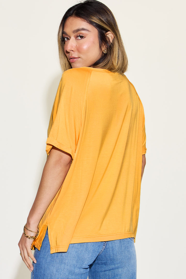 Ava V-Neck Slit Bamboo T-Shirt - Yellow - Size S-3XL | Rezortly