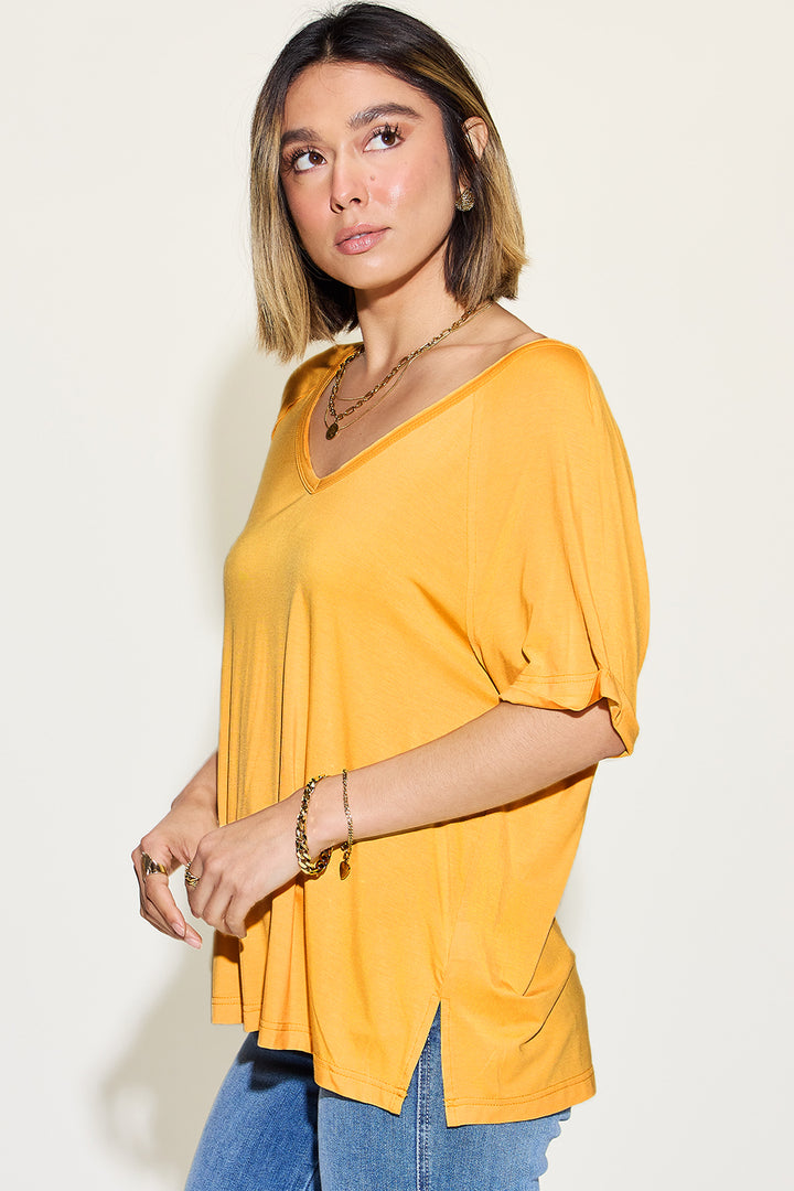 Ava V-Neck Slit Bamboo T-Shirt - Yellow - Size S-3XL | Rezortly