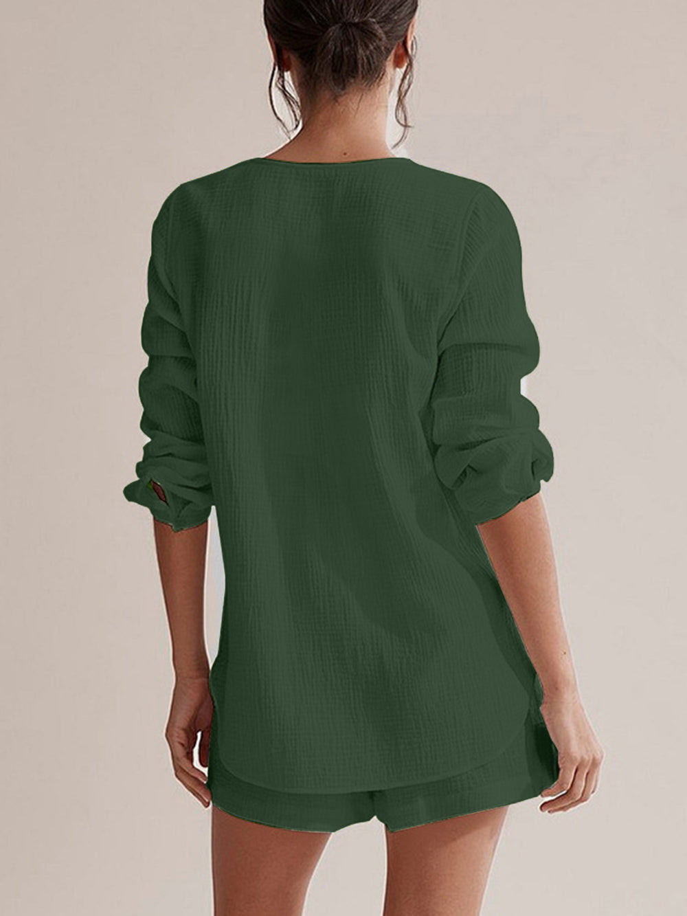 Bronte Long Sleeve Top & Shorts Set - Dark Green Cotton. Sizes S-XL | Rezortly