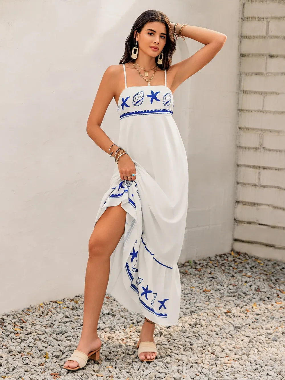 Camilla Starfish Print Cami Maxi Dress - S-XL - White & Blue | Rezortly