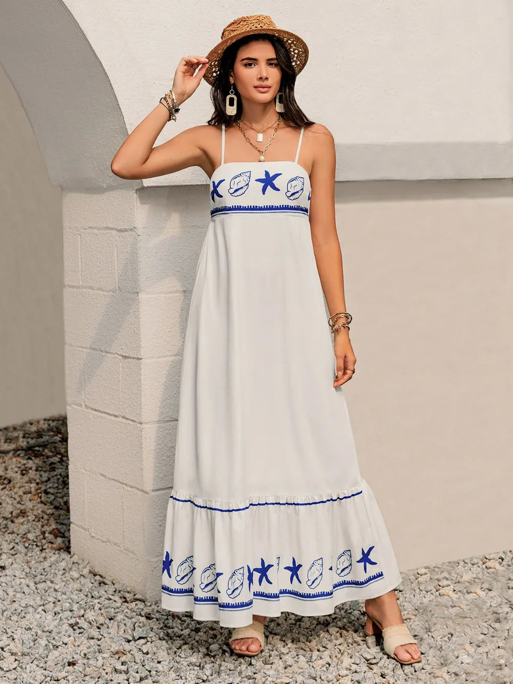 Camilla Starfish Print Cami Maxi Dress - S-XL - White & Blue | Rezortly