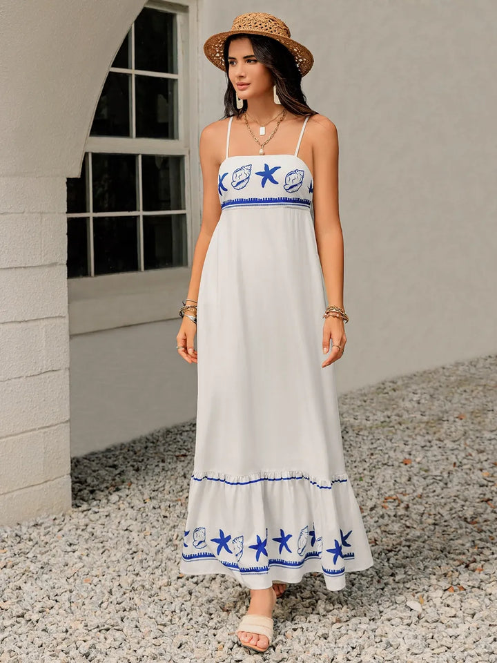 Camilla Starfish Print Cami Maxi Dress - S-XL - White & Blue | Rezortly
