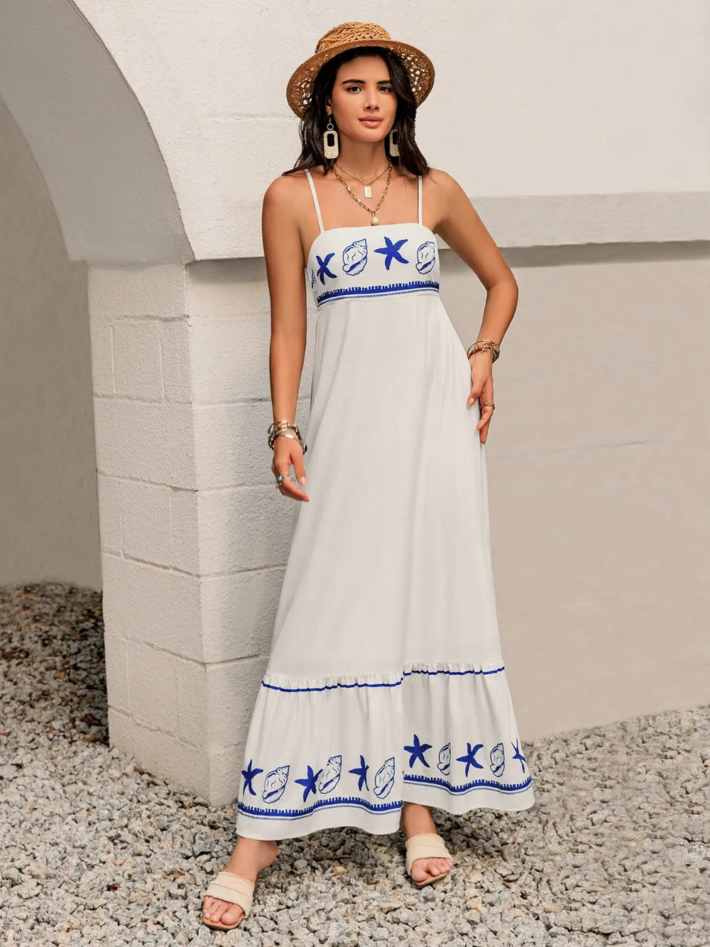 Camilla Starfish Print Cami Maxi Dress - S-XL - White & Blue | Rezortly