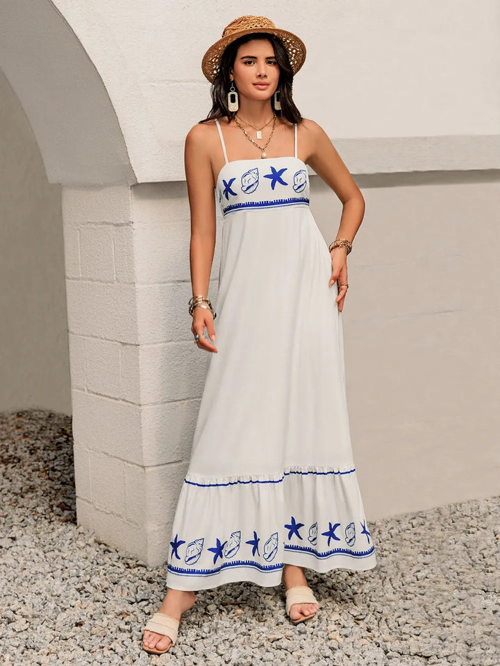 Camilla Starfish Print Cami Maxi Dress - S-XL - White & Blue | Rezortly