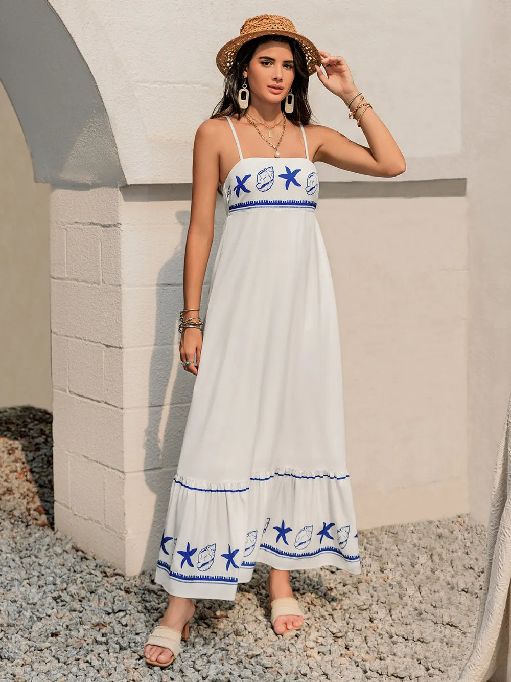 Camilla Starfish Print Cami Maxi Dress - S-XL - White & Blue | Rezortly