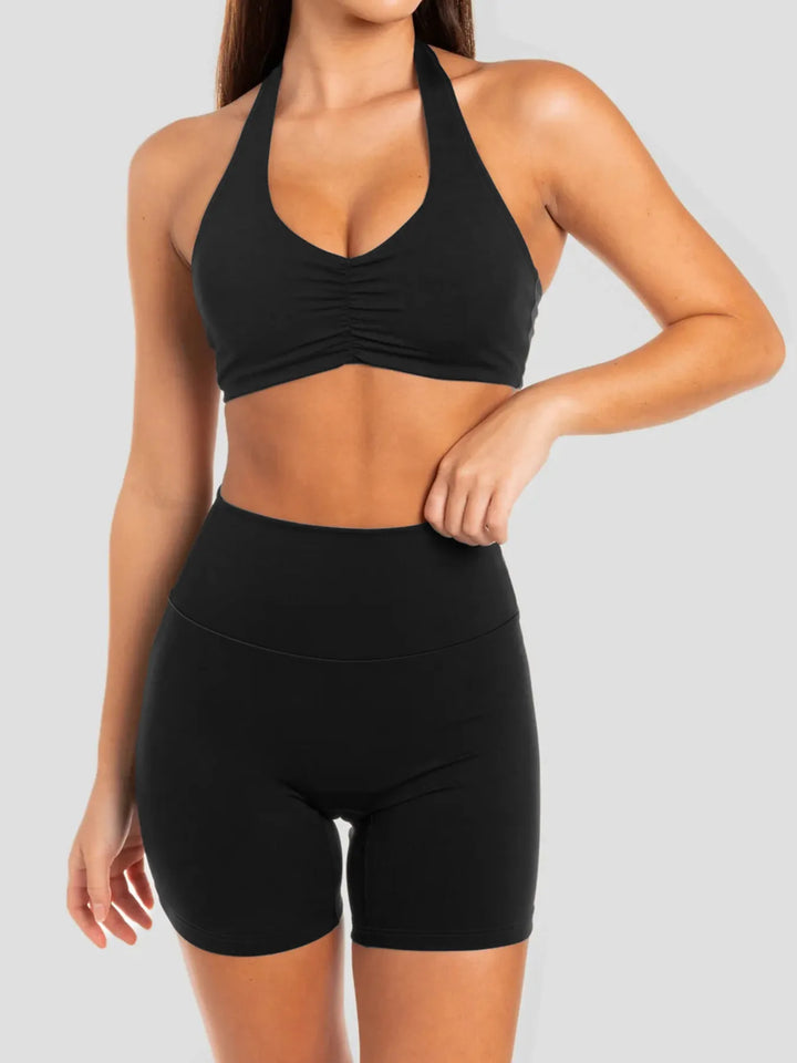 Daisy Halter Neck Cami & Shorts - 2 Piece Yoga Set - Black | Rezortly