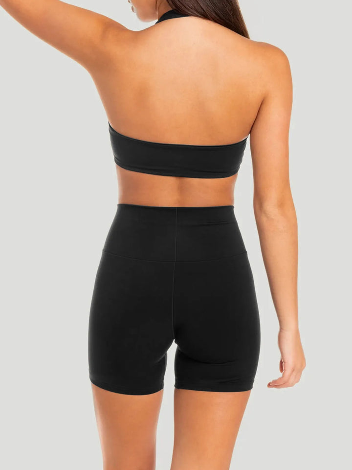 Daisy Halter Neck Cami & Shorts - 2 Piece Yoga Set - Black | Rezortly