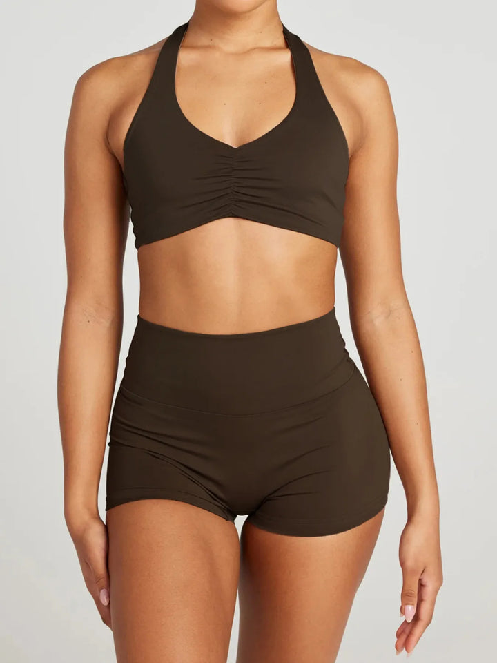 Daisy Halter Neck Cami & Shorts - 2 Piece Yoga Set - Brown | Rezortly