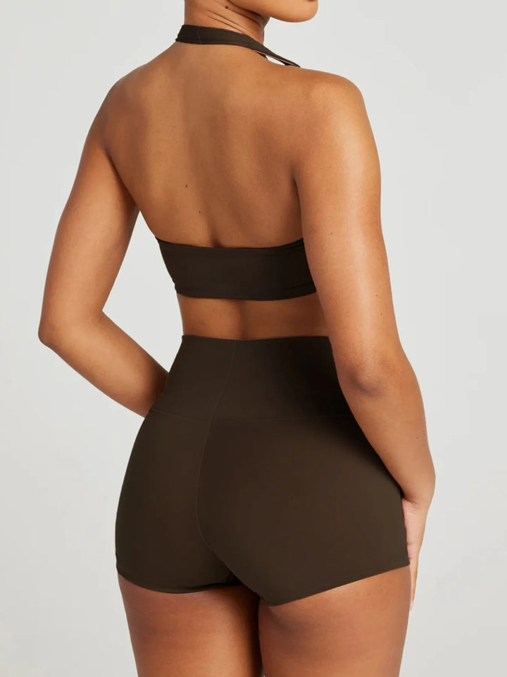 Daisy Halter Neck Cami & Shorts - 2 Piece Yoga Set - Brown | Rezortly