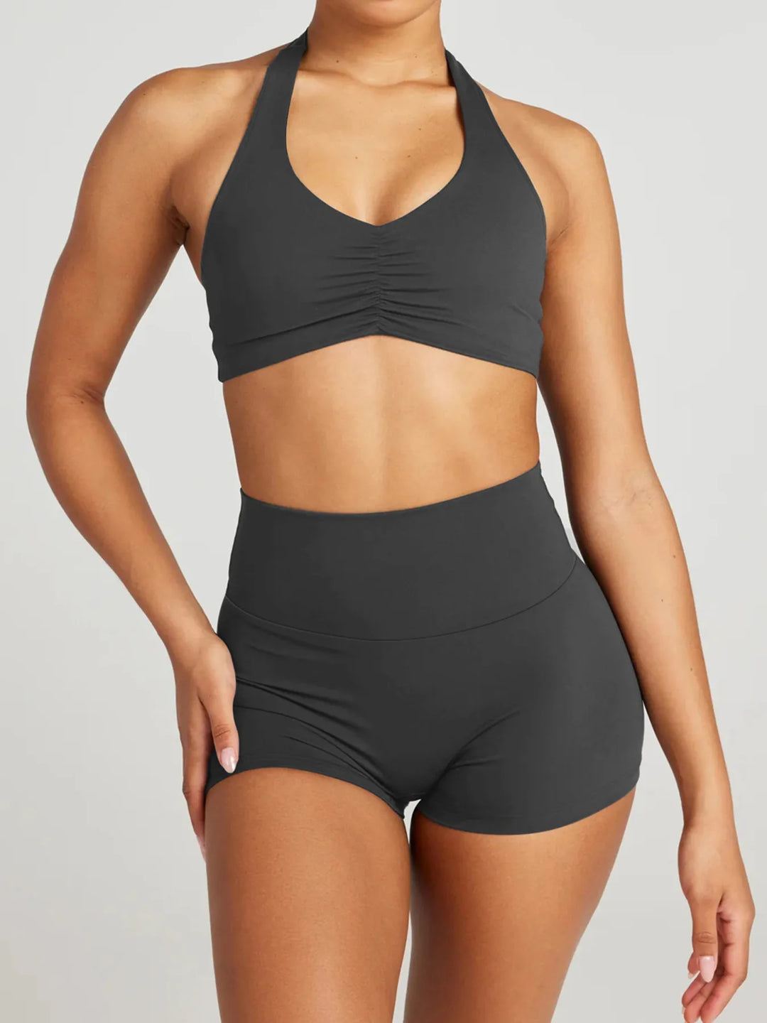 Daisy Halter Neck Cami & Shorts - 2 Piece Yoga Set - Dark Grey | Rezortly