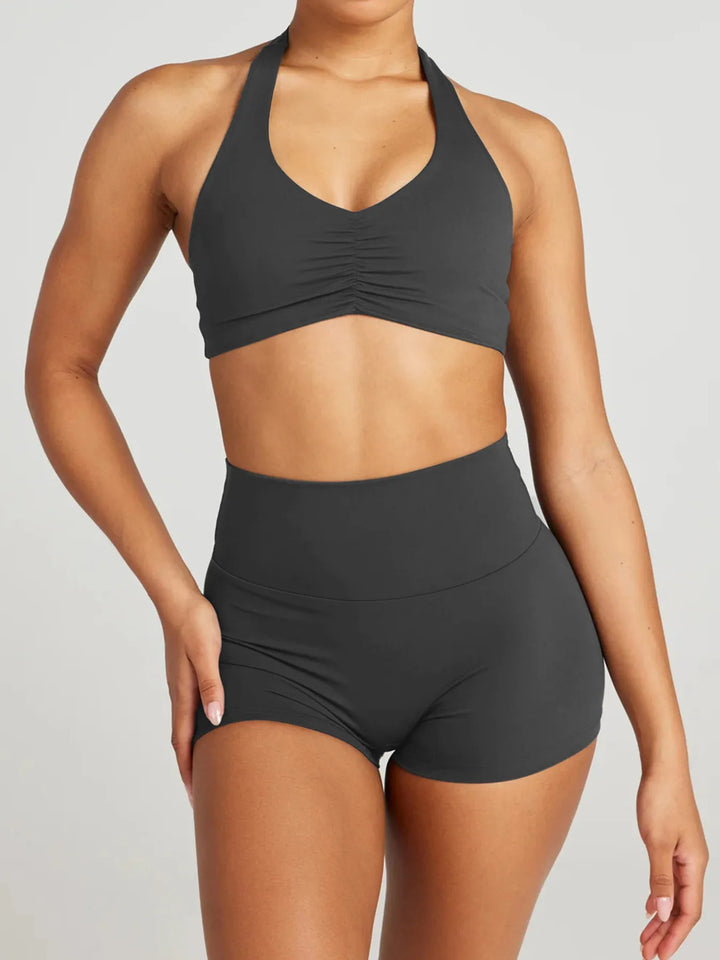 Daisy Halter Neck Cami & Shorts - 2 Piece Yoga Set - Dark Grey | Rezortly