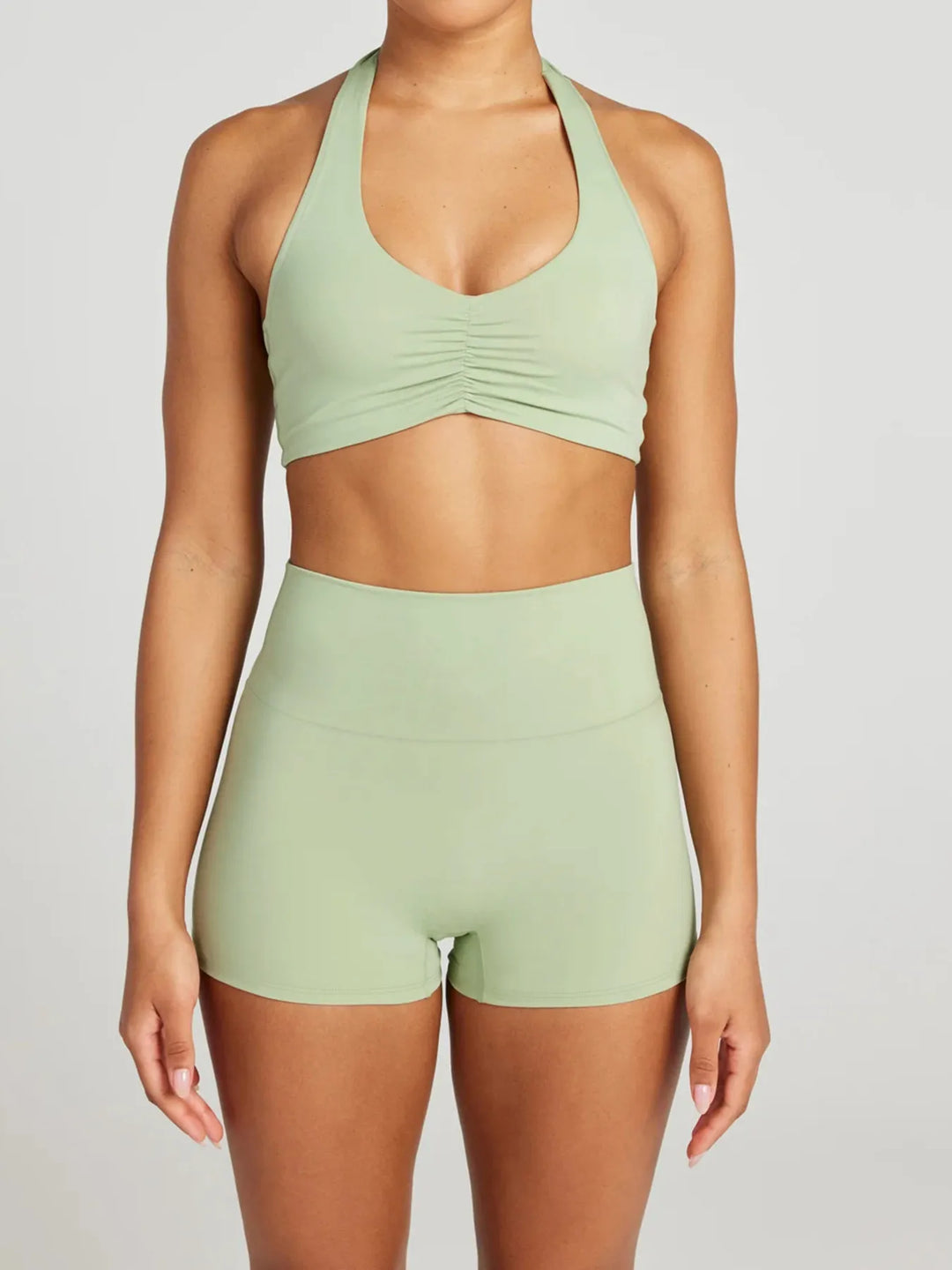 Daisy Halter Neck Cami & Shorts - 2 Piece Yoga Set - Light Green | Rezortly