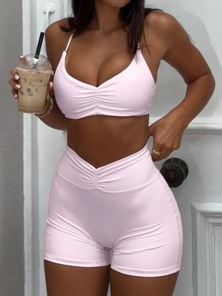 Daisy Ruched Sports Bra and High-Waisted Shorts-2 Piece Yoga Set - Pink | Rezortly