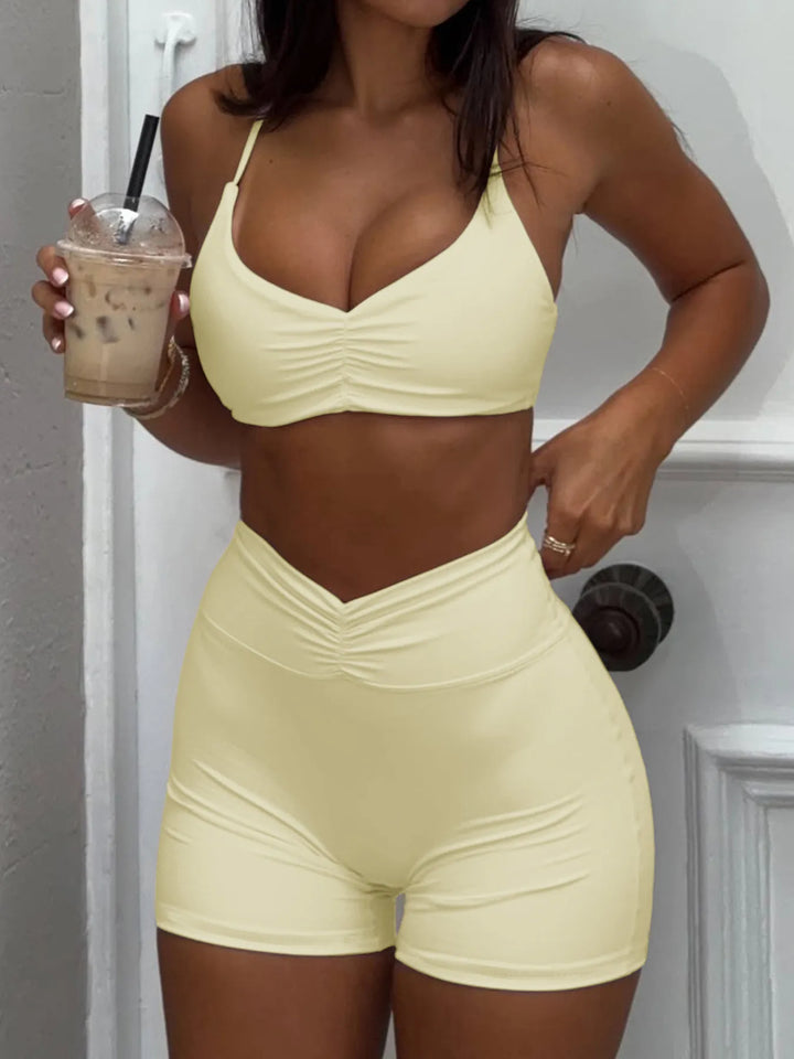 Daisy Ruched Sports Bra and High-Waisted Shorts-2 Piece Yoga Set _ Yellow | Rezortly