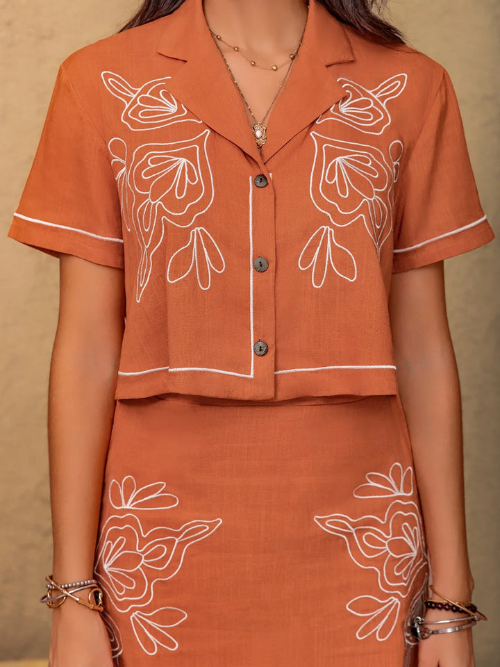 Eva Embroidered Shirt & Mini Skirt Set - Outback Sunset Orange - Size S-XL | Rezortly