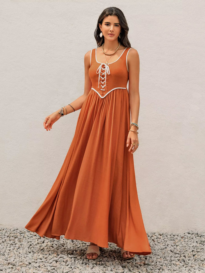 Eva Lace-Up Tank Maxi Dress - Outback Sunset Orange - Size S-XL | Rezortly