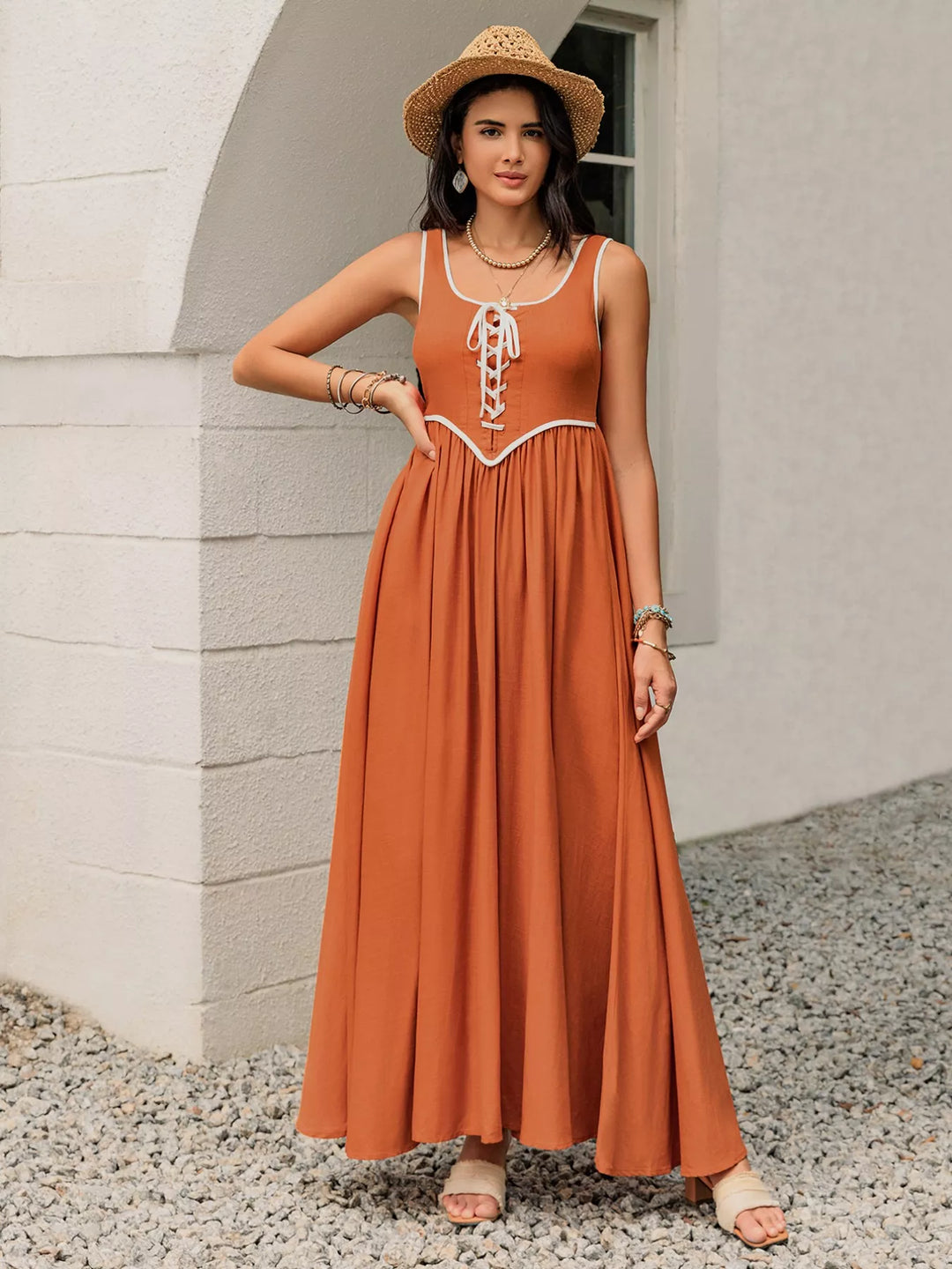 Eva Lace-Up Tank Maxi Dress - Outback Sunset Orange - Size S-XL | Rezortly