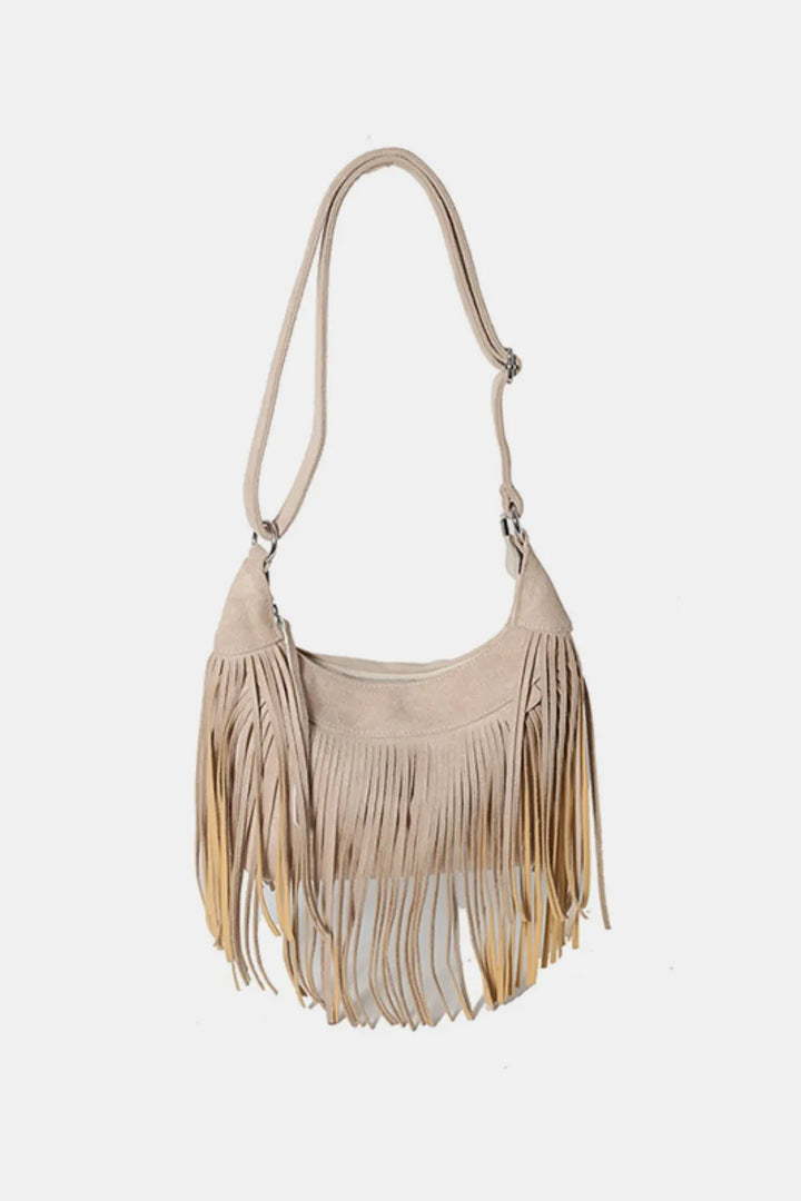 Eva Suede Fringe Crescent Crossbody Bag - Beige | Rezortly