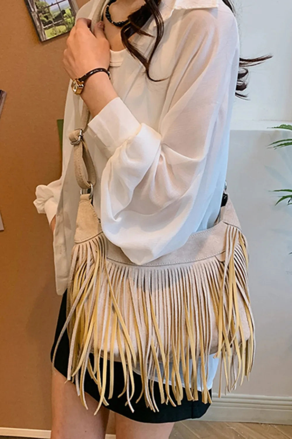 Eva Suede Fringe Crescent Crossbody Bag - Beige | Rezortly