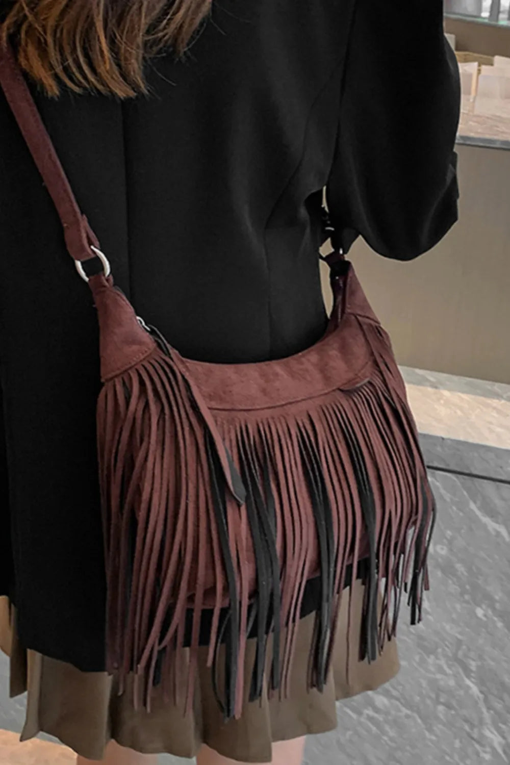 Eva Suede Fringe Crescent Crossbody Bag - Brown Maroon | Rezortly