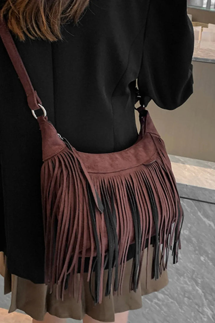 Eva Suede Fringe Crescent Crossbody Bag - Brown Maroon | Rezortly