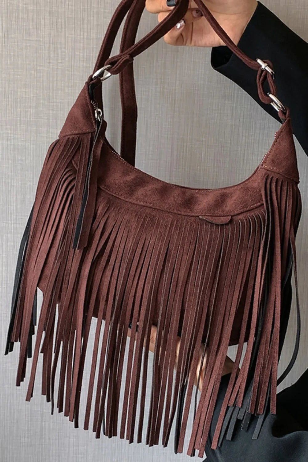 Eva Suede Fringe Crescent Crossbody Bag - Brown Maroon | Rezortly