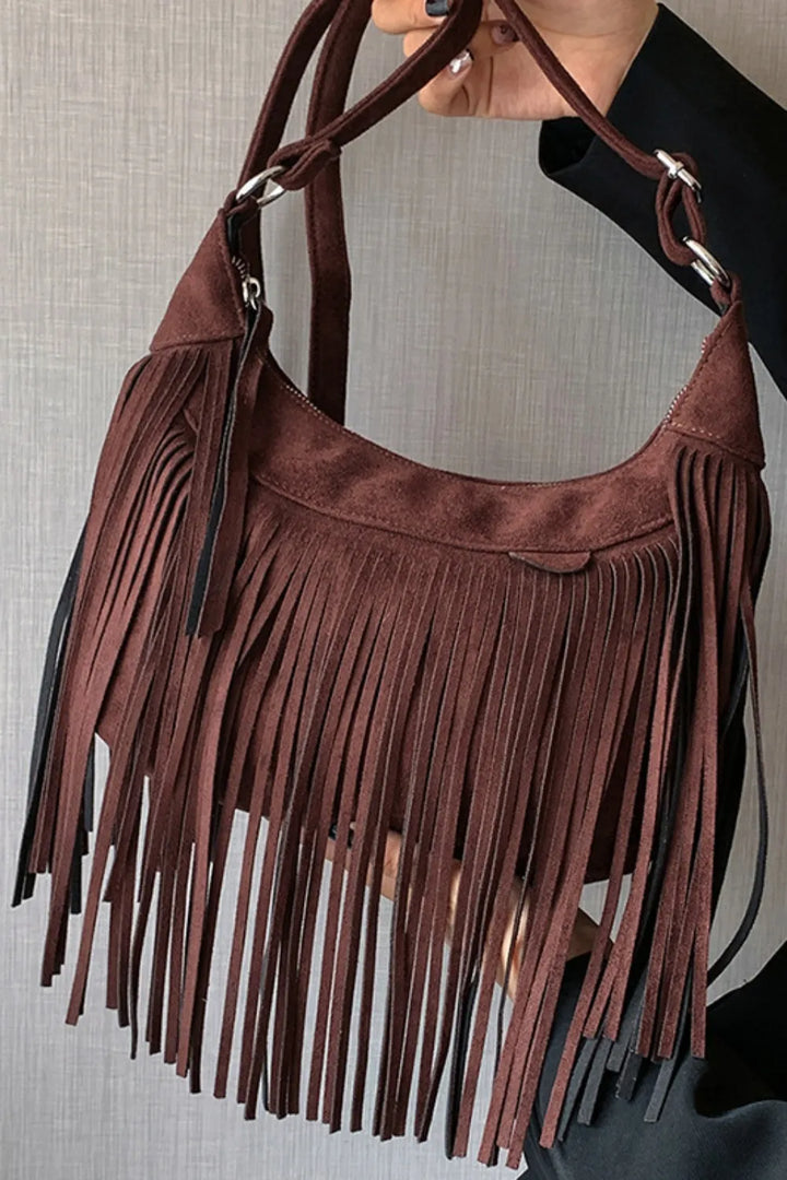 Eva Suede Fringe Crescent Crossbody Bag - Brown Maroon | Rezortly