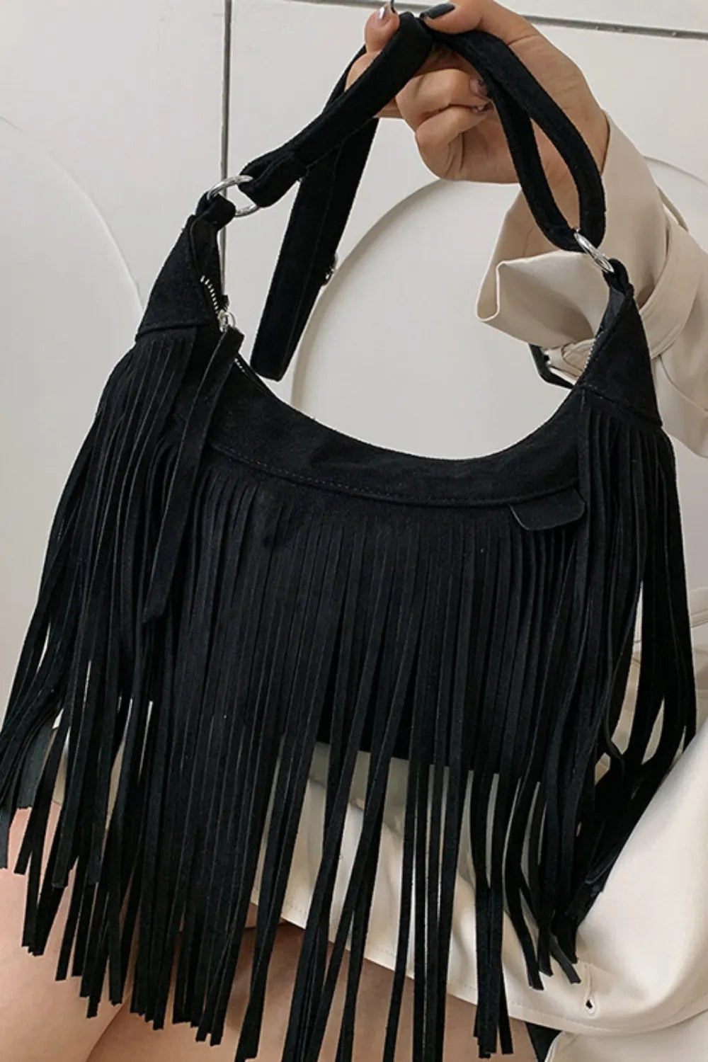 Eva Suede Fringe Crescent Crossbody Bag - Charred Black | Rezortly