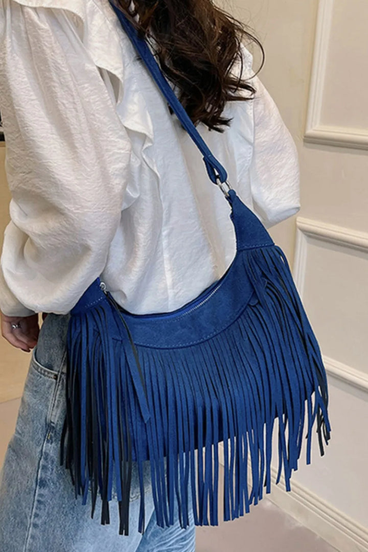 Eva Suede Fringe Crescent Crossbody Bag - Royal Blue | Rezortly