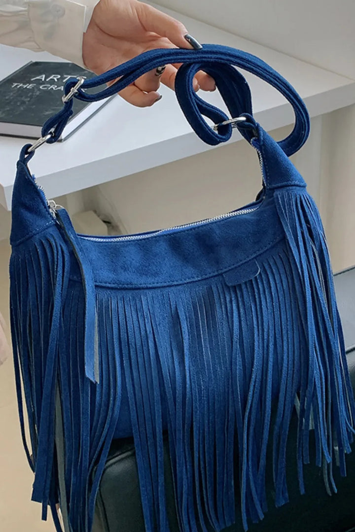 Eva Suede Fringe Crescent Crossbody Bag - Royal Blue | Rezortly