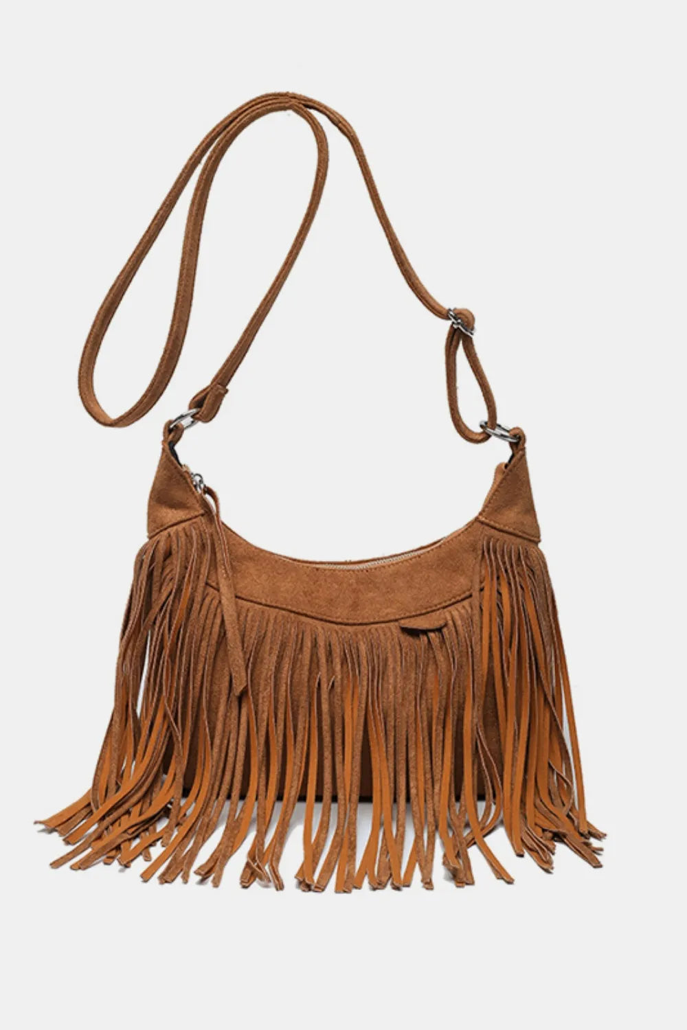 Eva Suede Fringe Crescent Crossbody Bag - Tan Sienna | Rezortly