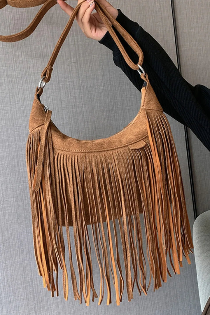 Eva Suede Fringe Crescent Crossbody Bag - Tan Sienna | Rezortly
