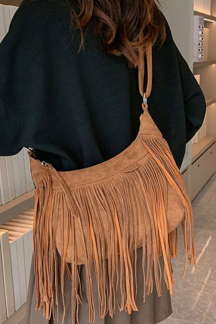 Eva Suede Fringe Crescent Crossbody Bag - Tan Sienna | Rezortly