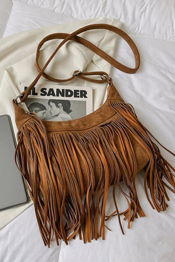 Eva Suede Fringe Crescent Crossbody Bag - Tan Sienna | Rezortly