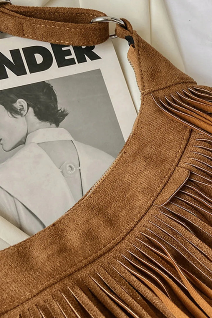 Eva Suede Fringe Crescent Crossbody Bag - Tan Sienna | Rezortly