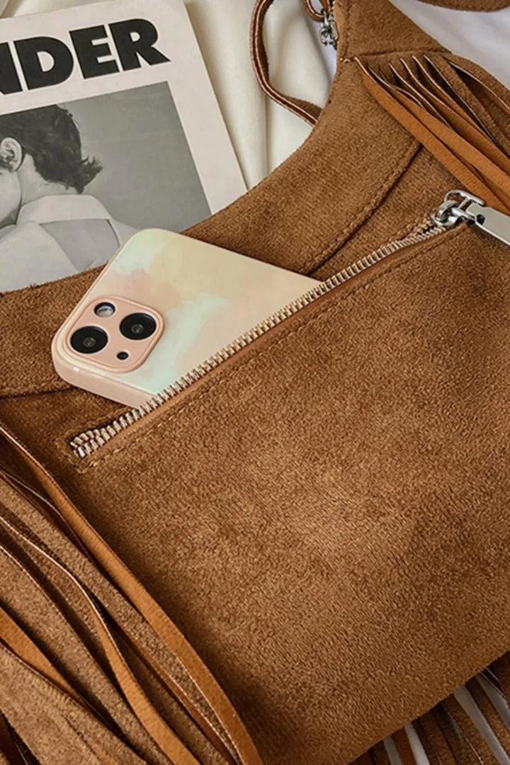 Eva Suede Fringe Crescent Crossbody Bag - Tan Sienna | Rezortly