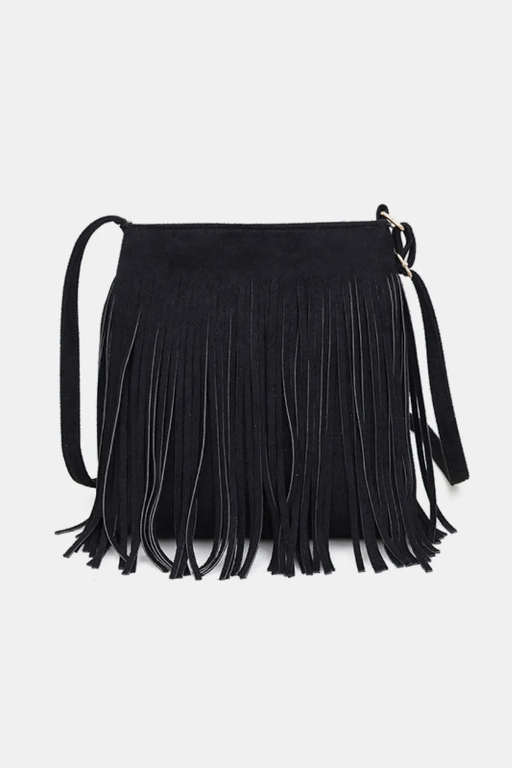 Eva Suede Fringe Crossbody Bag - Black | Rezortly