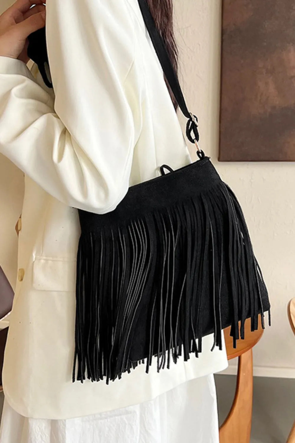 Eva Suede Fringe Crossbody Bag - Black | Rezortly
