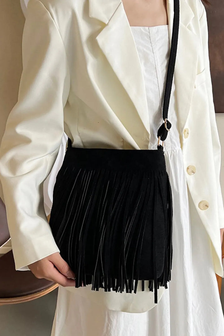 Eva Suede Fringe Crossbody Bag - Black | Rezortly