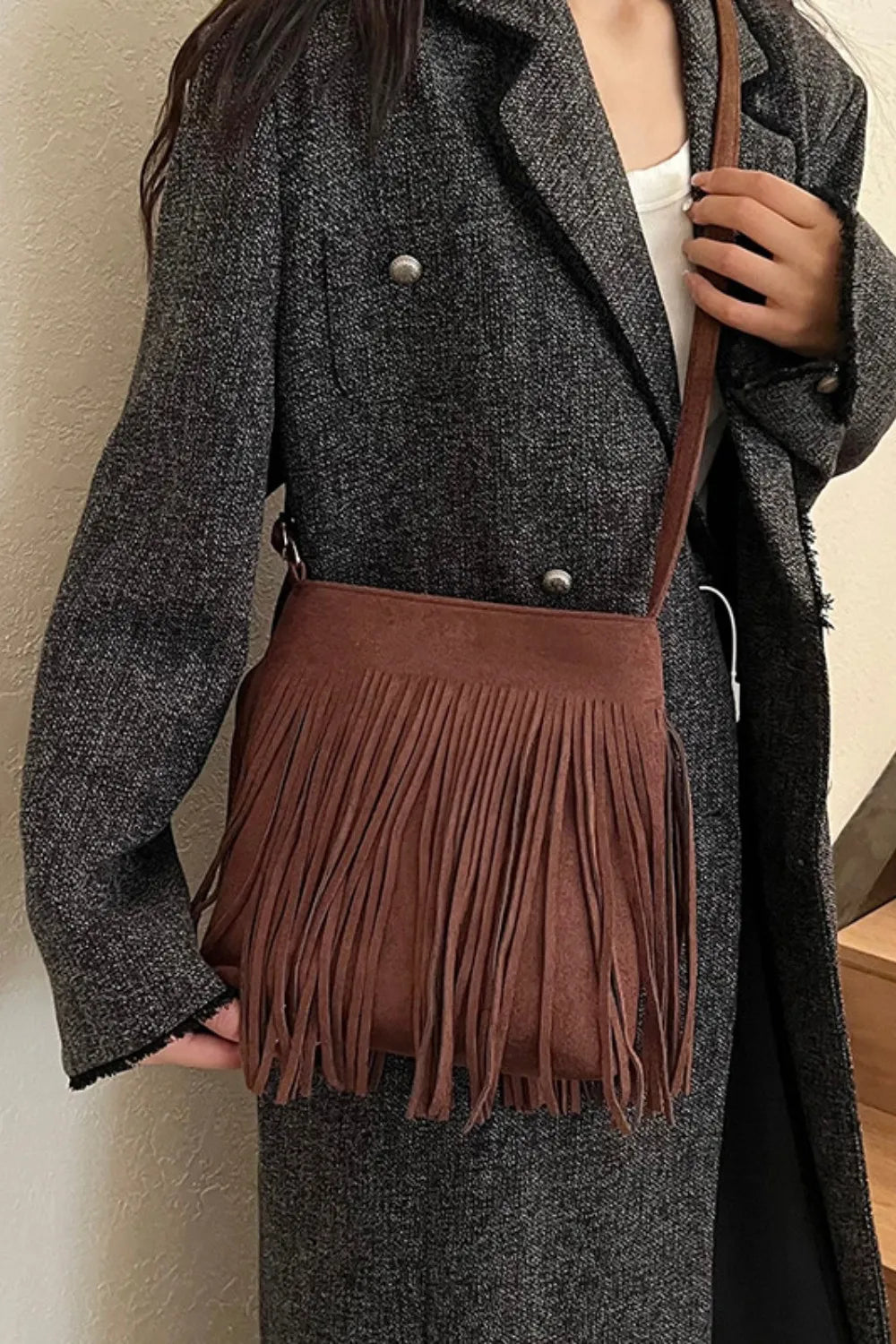 Eva Suede Fringe Crossbody Bag - Brown | Rezortly
