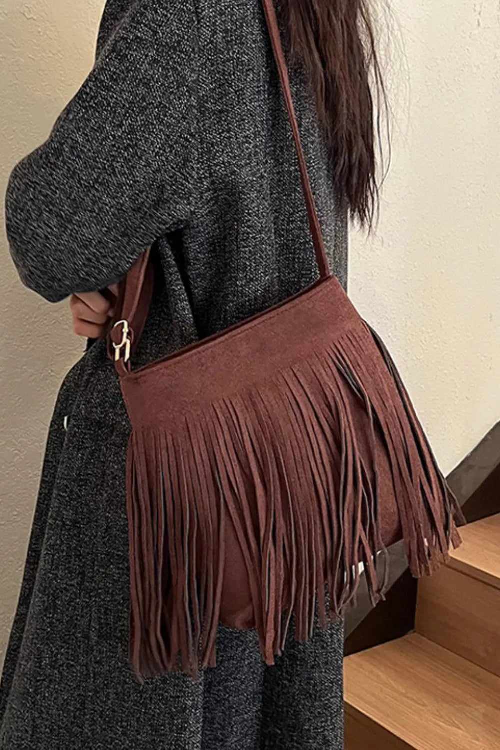 Eva Suede Fringe Crossbody Bag - Brown | Rezortly